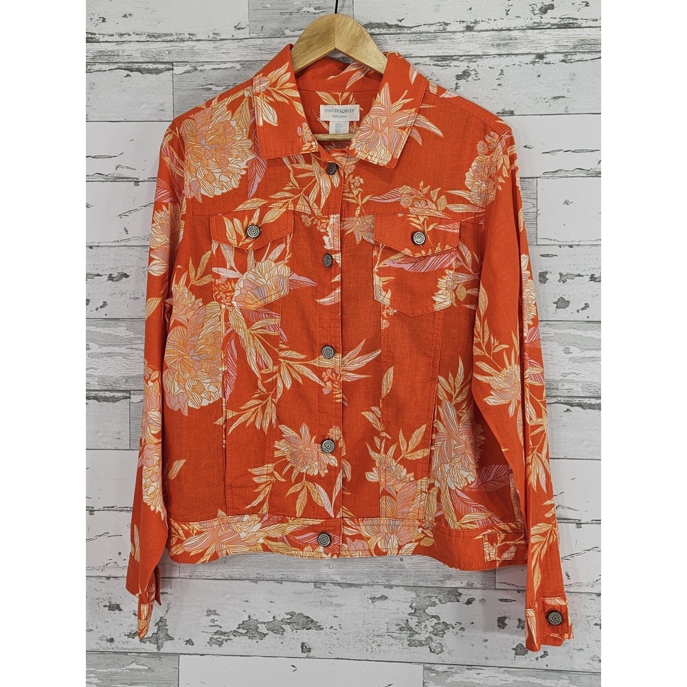 Cynthia Rowley Orange Floral Linen Trucker Jacket Pockets Womens Large